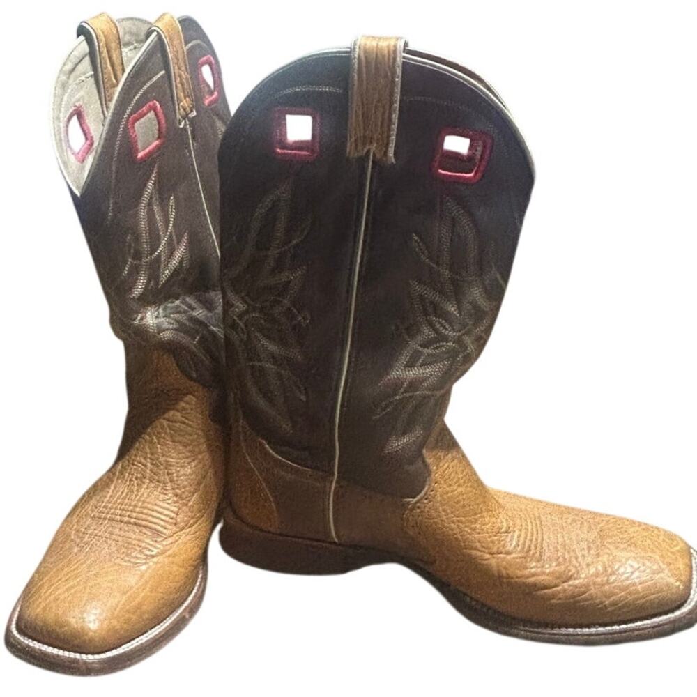 Double H two tone square toe western boots tan leather vamp dark brown shaft 13D